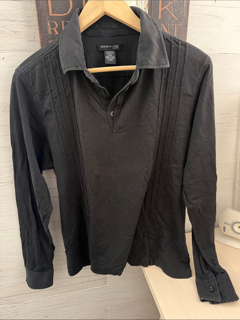 Kenneth Cole Black Long-Sleeve 100% Cotton Polo with Pintuck Detailing